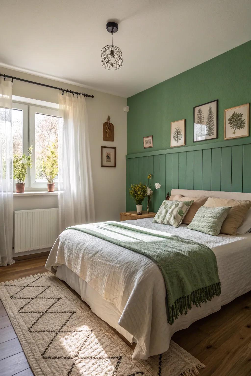 A rich green accent wall creating a cozy and inviting bedroom atmosphere.