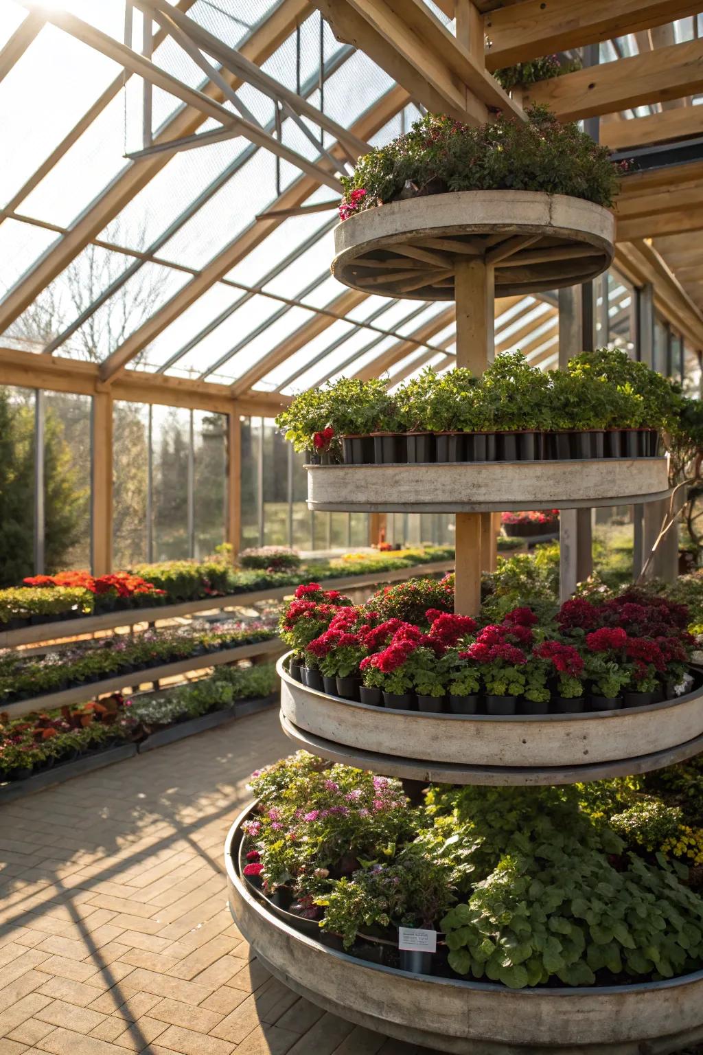 Dramatic circular tiered shelves highlighting unique foliage.