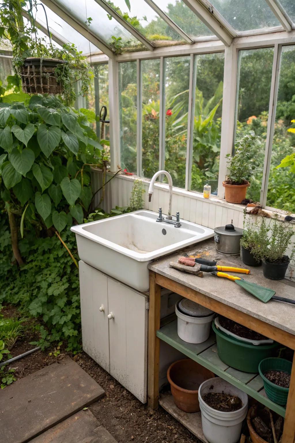 A compact corner sink that optimizes space in a small greenhouse.