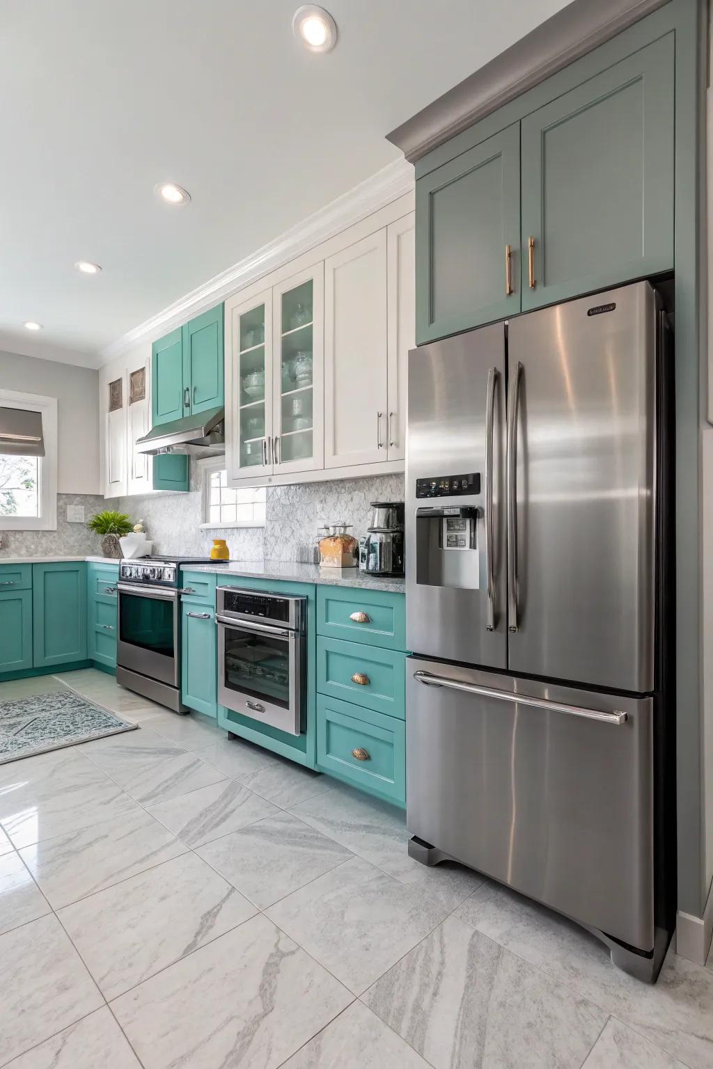 Stainless steel appliances bring a modern edge to the color scheme.