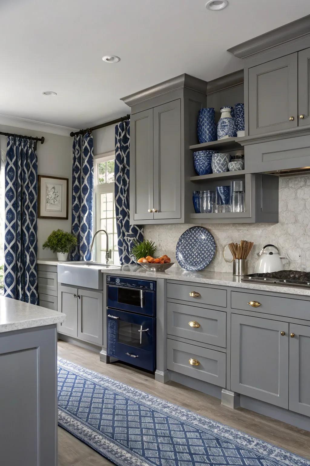 Bold color accents create a striking contrast in a grey kitchen.