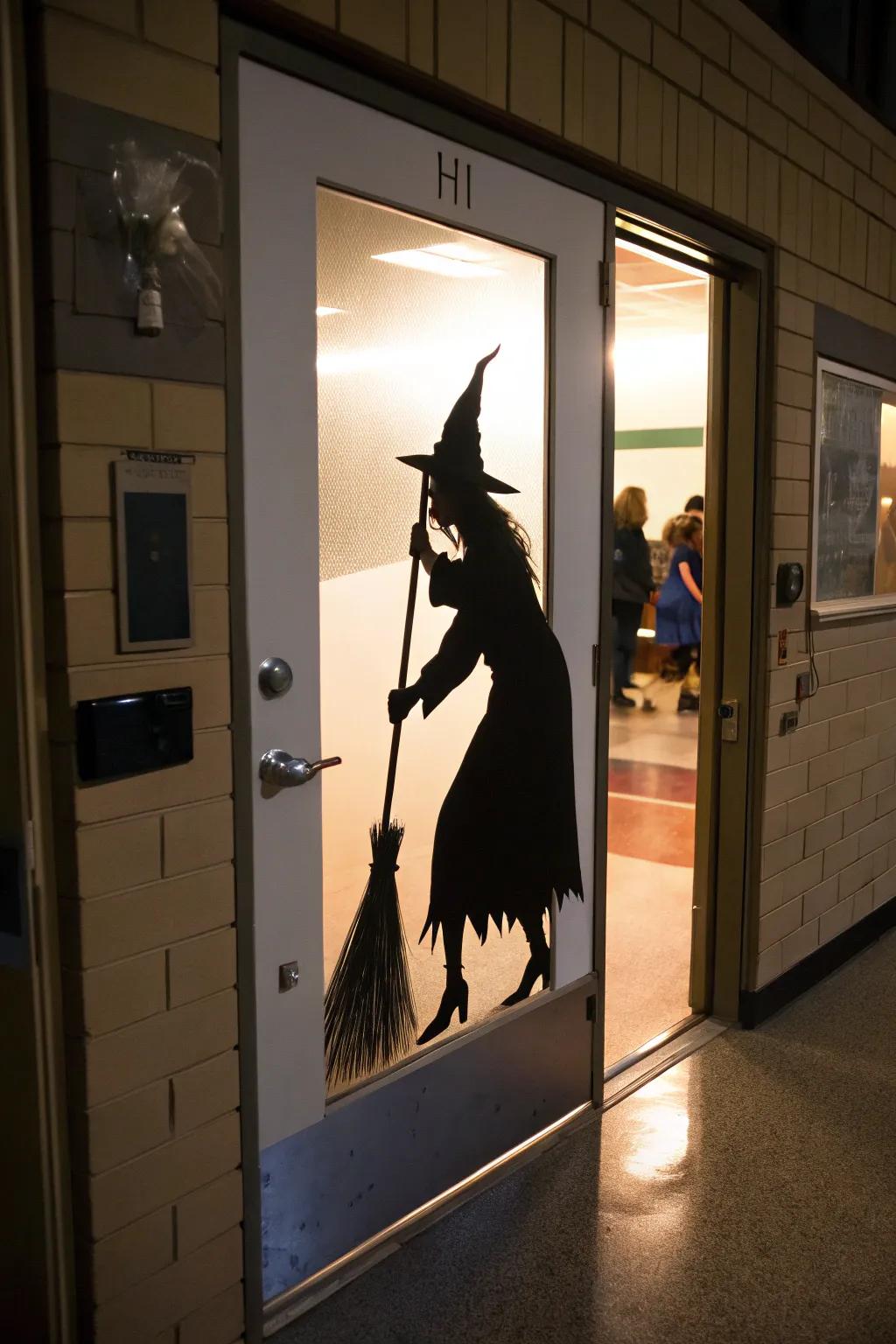 A witch silhouette casting spells over a school door.