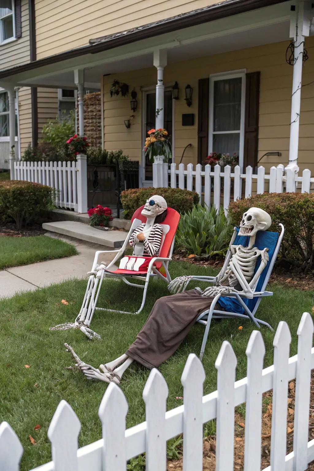 Humorous skeletons enjoying a night out in the front yard.