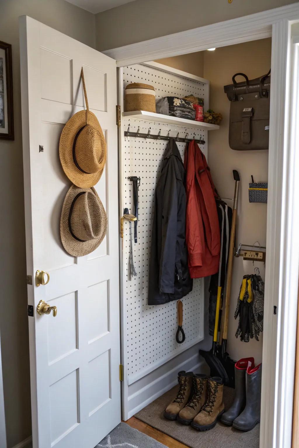 Pegboard installed inside a hallway closet door used for hanging accessories.