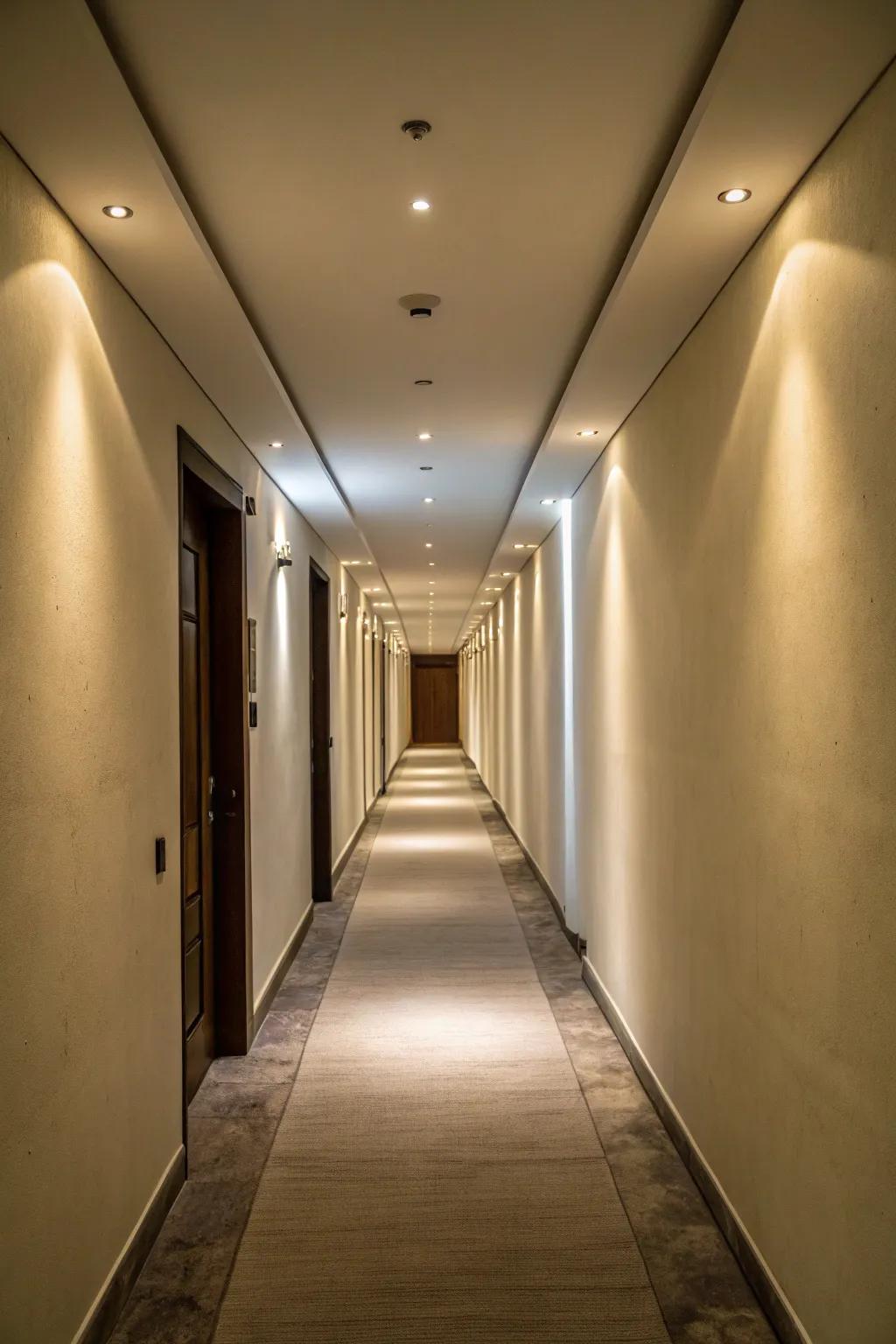 Recessed lighting offers a clean and bright look for narrow hallways.