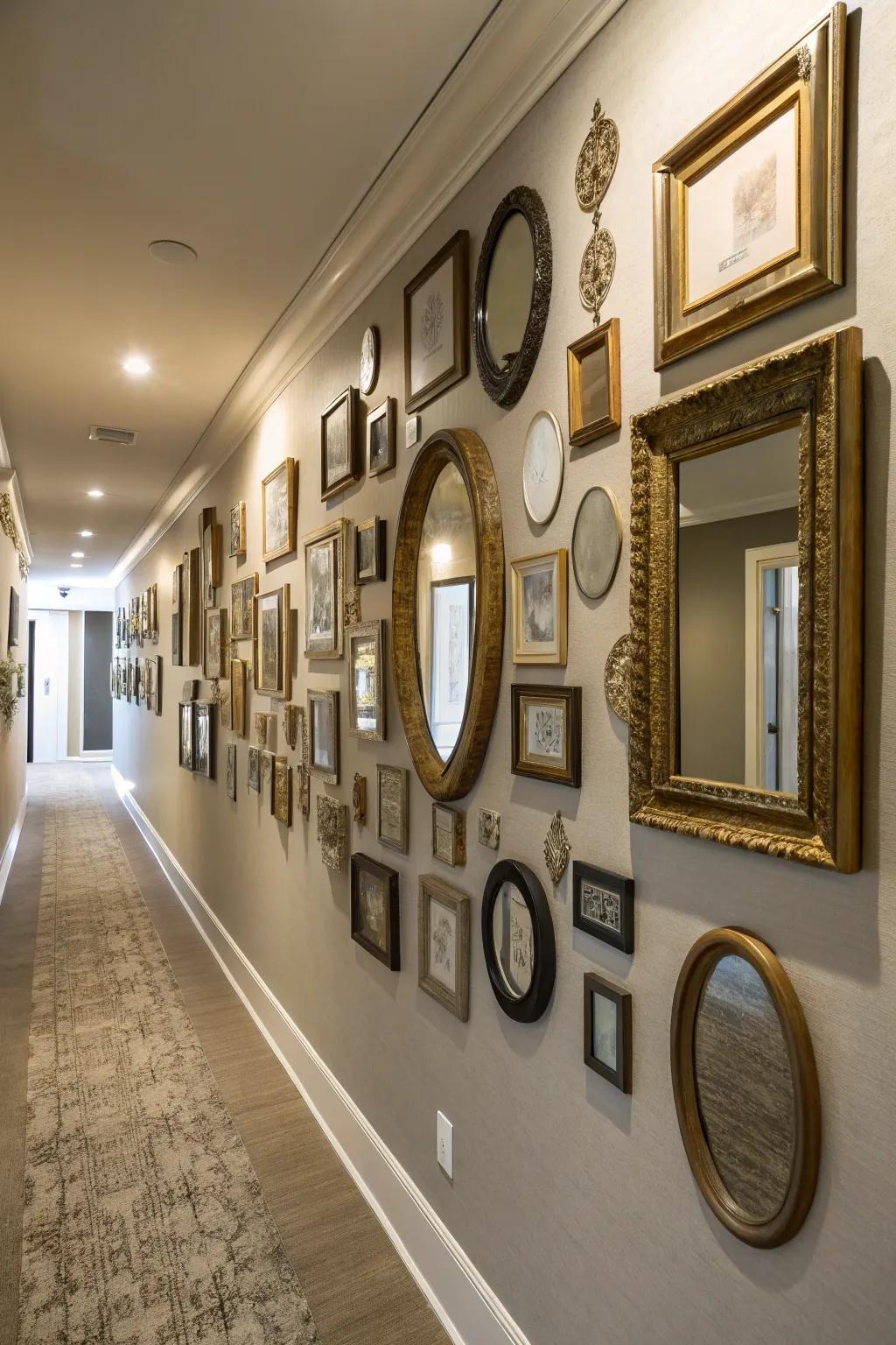 A gallery wall of mirrors adds dynamic interest.