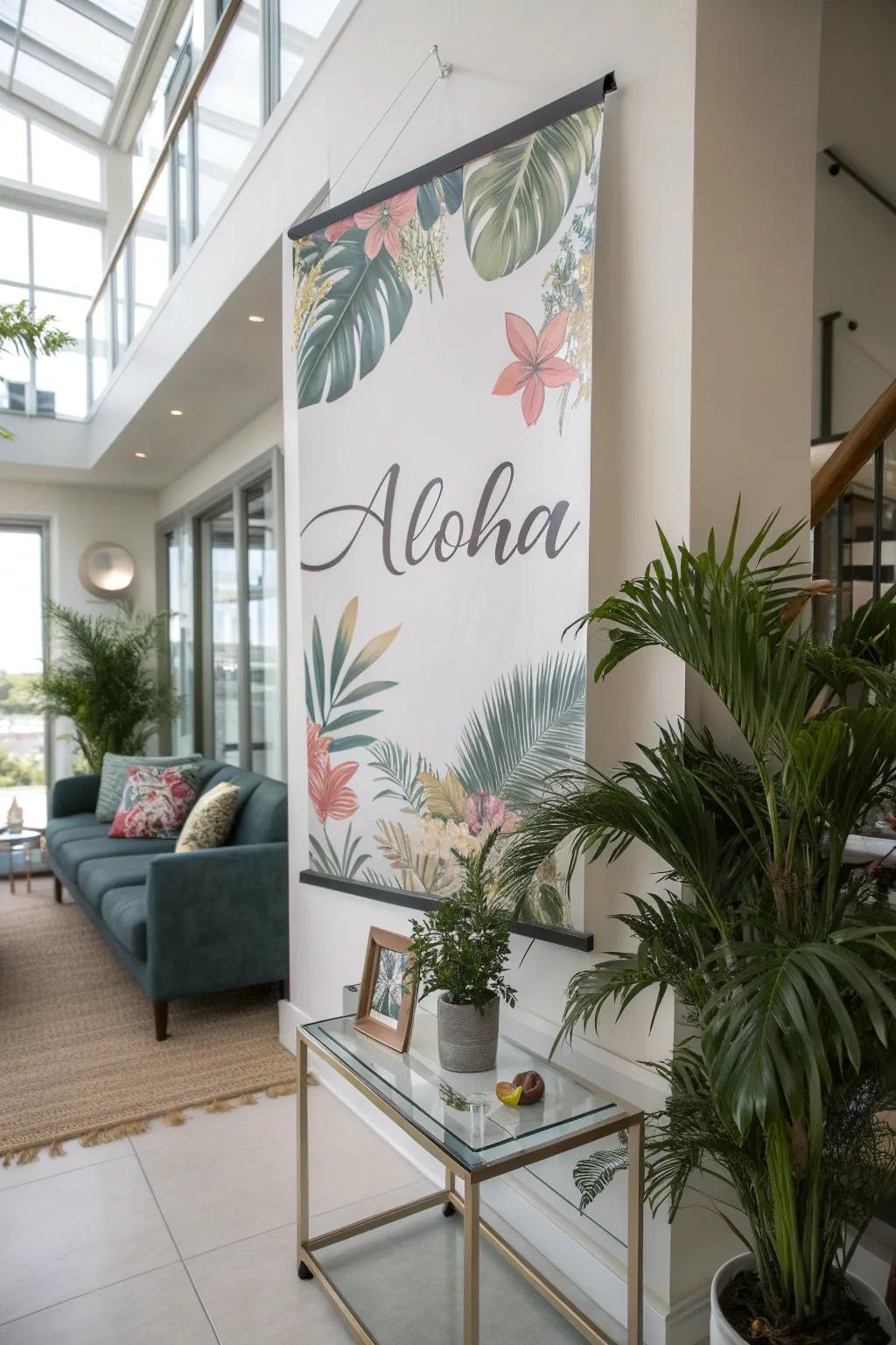 A poster featuring the word 'Aloha' adding warmth to a stylish living room.