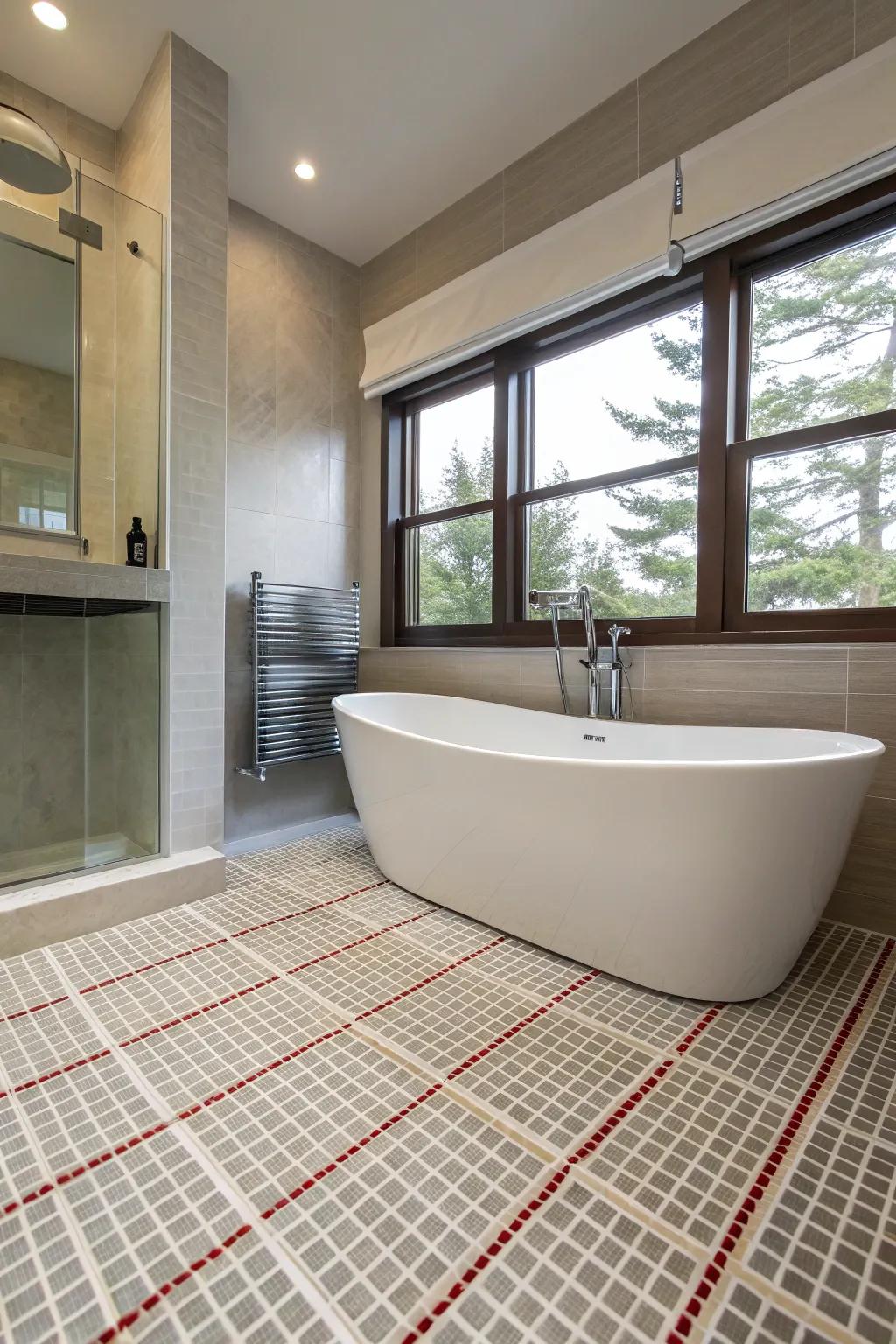 A modern bathroom with radiant floor heating for a touch of luxury and comfort.