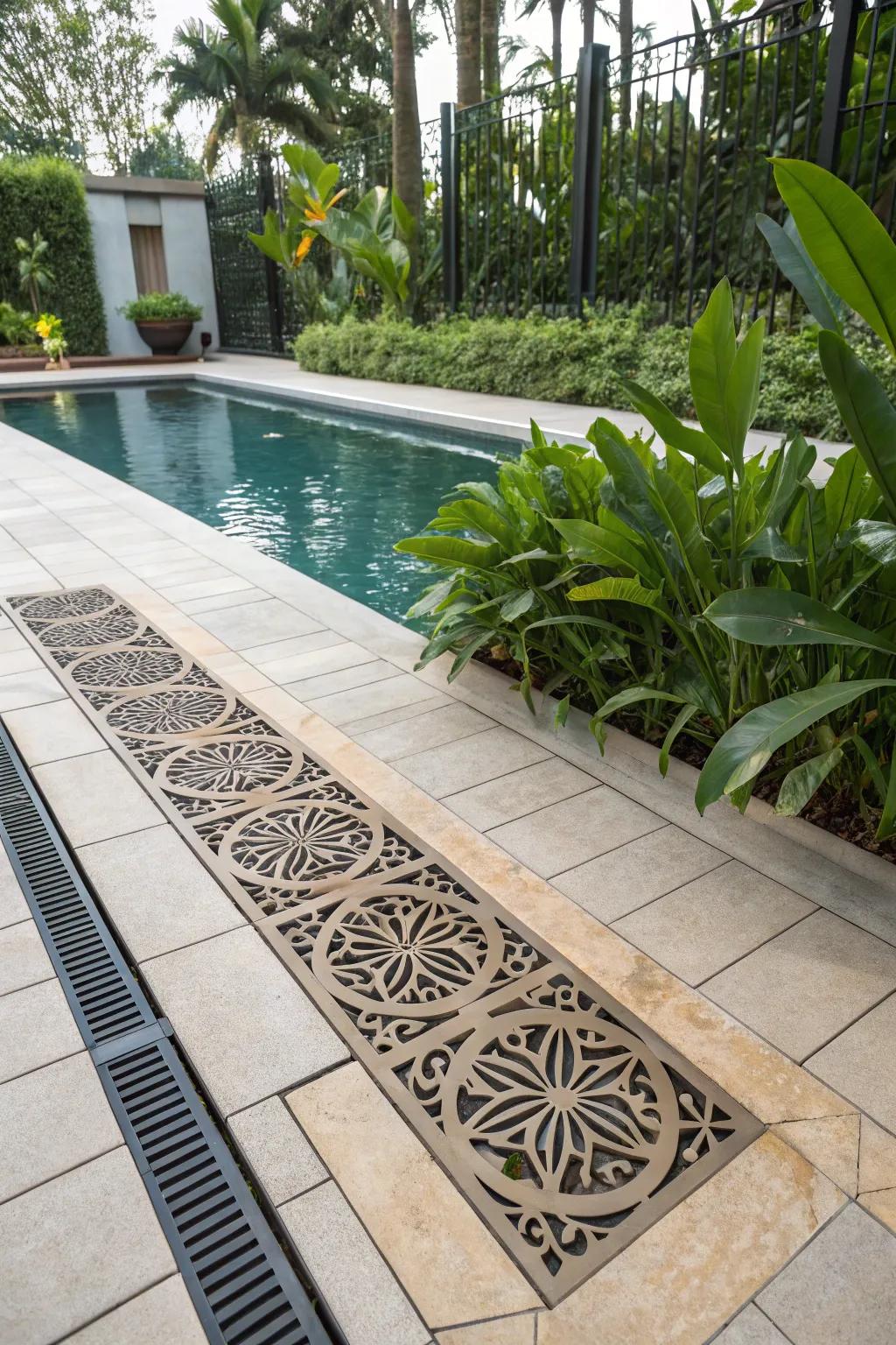 Artistic decorative grates add an unexpected design element to the deck.