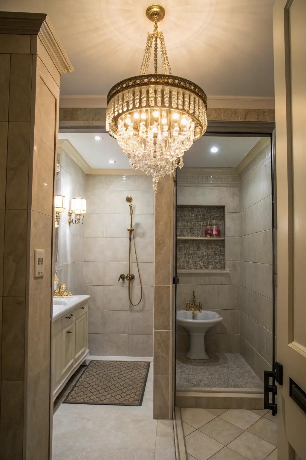 A chandelier adds a luxurious touch to the hidden shower.