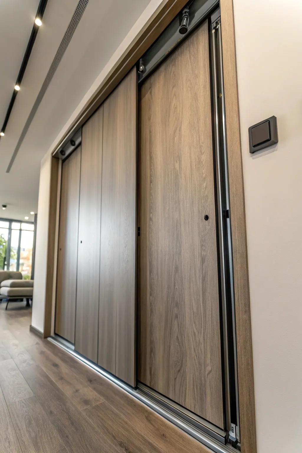 Innovative track mechanisms keep sliding doors sleek and modern.