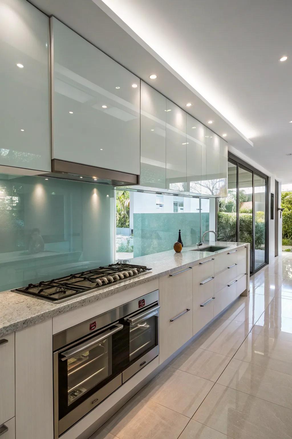 Sleek glass backsplash for a contemporary kitchen.