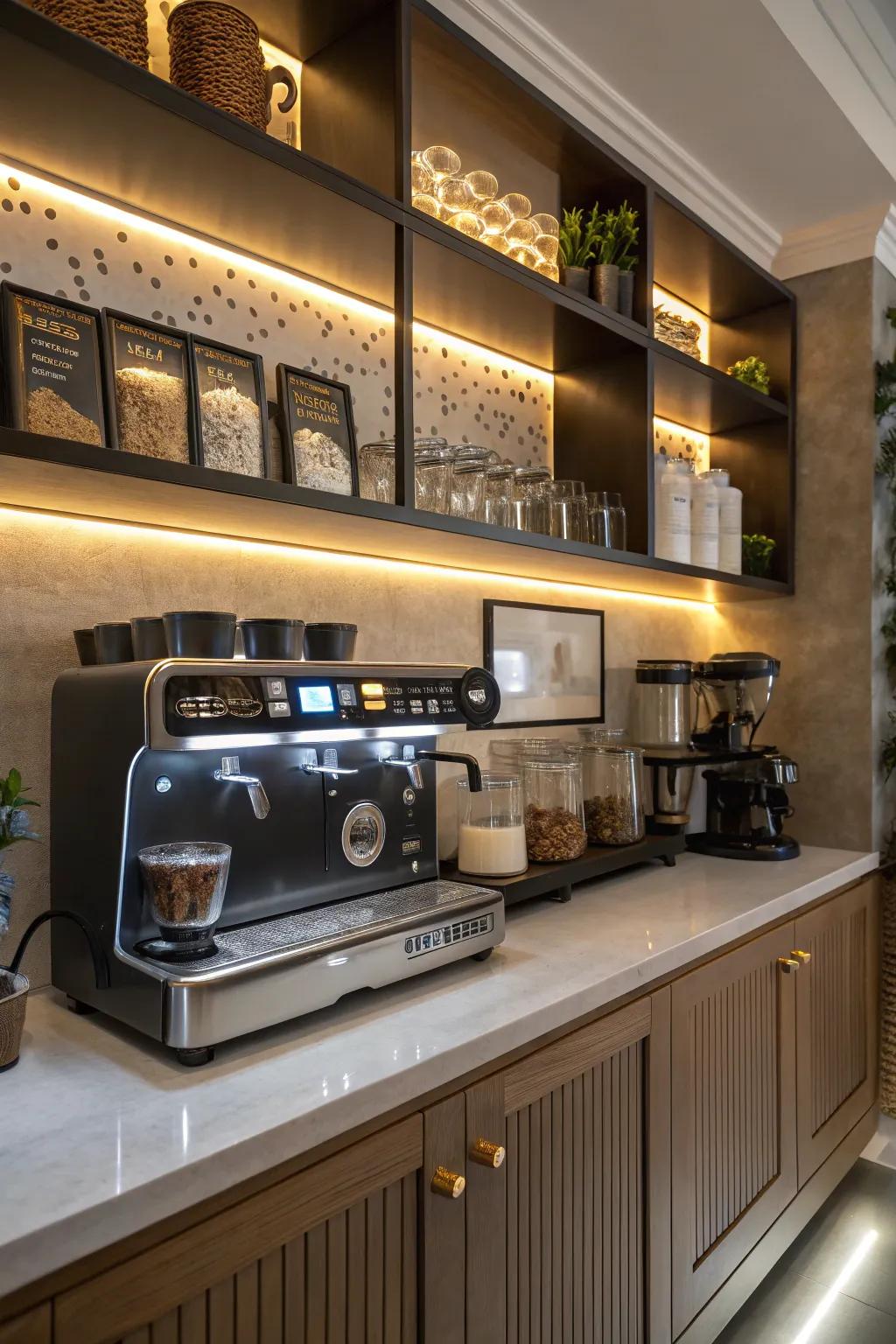 Lighting can transform your coffee station into a warm and inviting space.