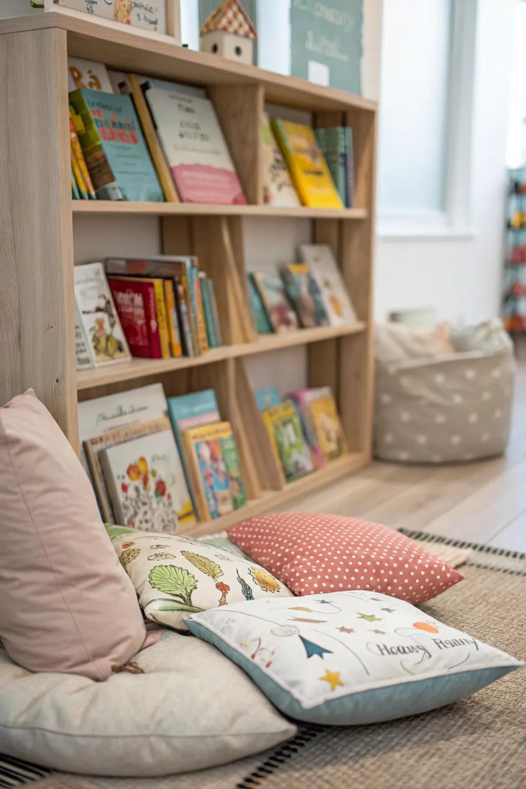 A reading corner provides a peaceful spot for children to unwind with a book.