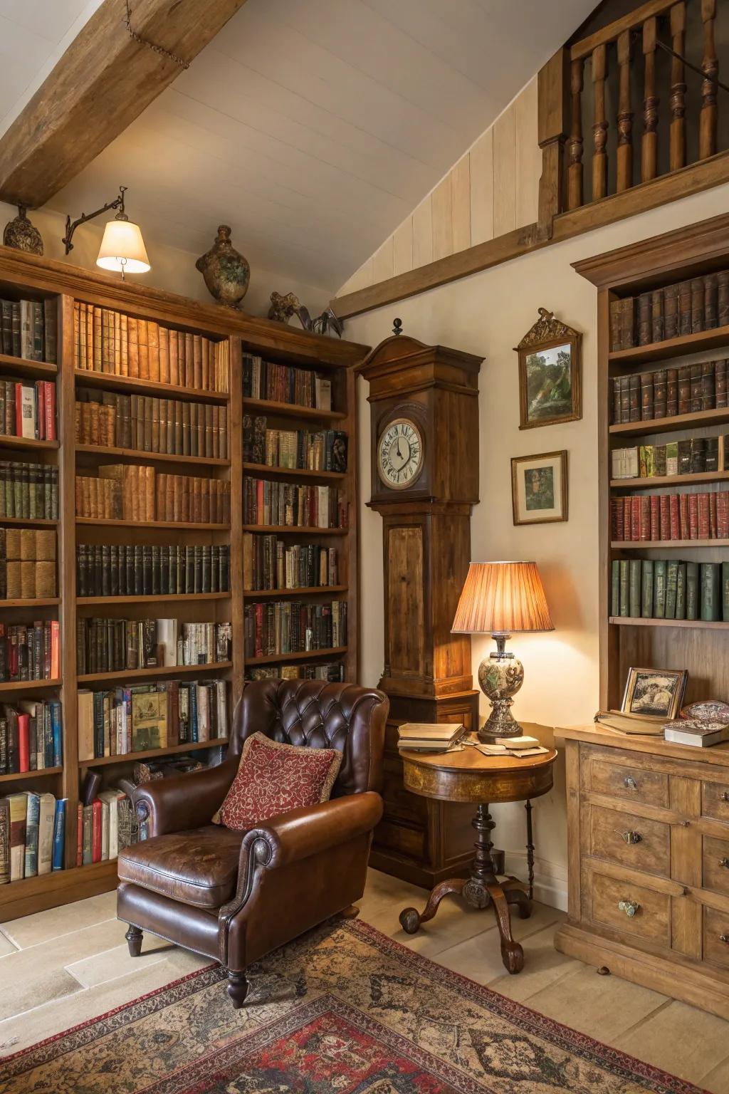 Antique finds add character to modern libraries.