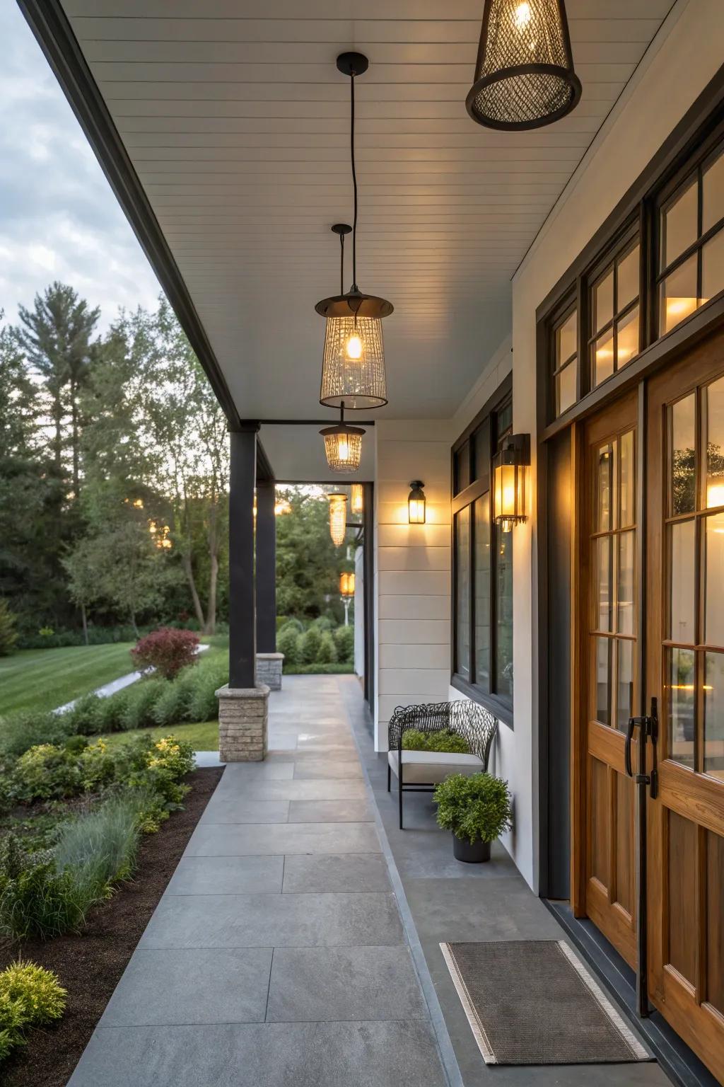 Soft lighting creates a welcoming atmosphere on this modern porch.