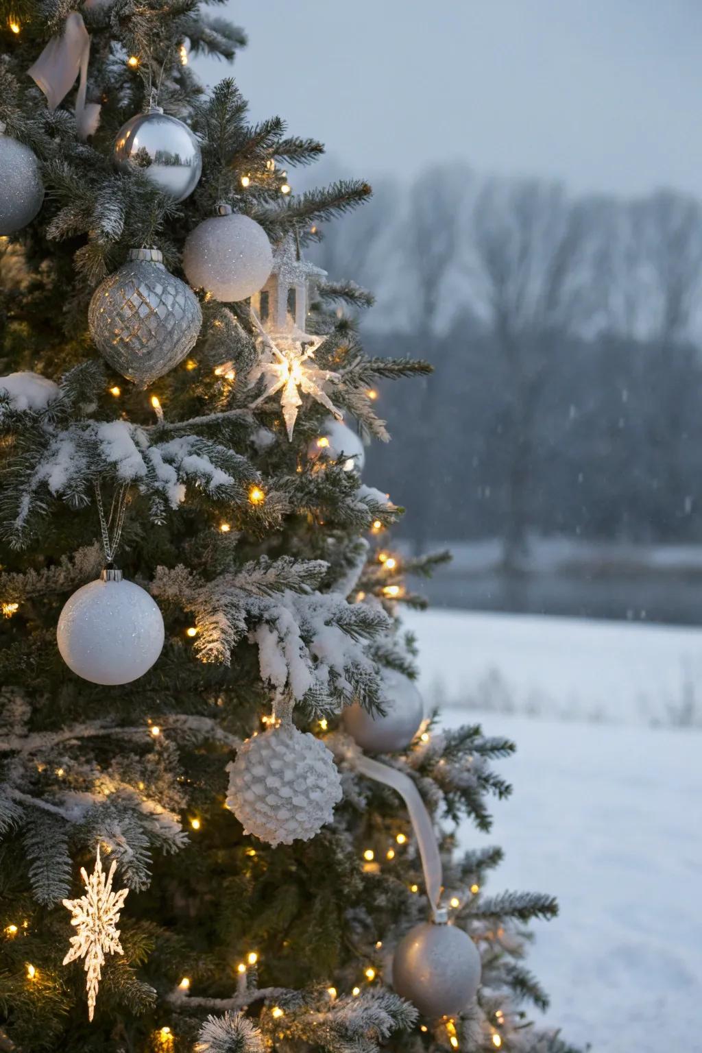 A winter wonderland-themed Christmas tree with white and silver decor.