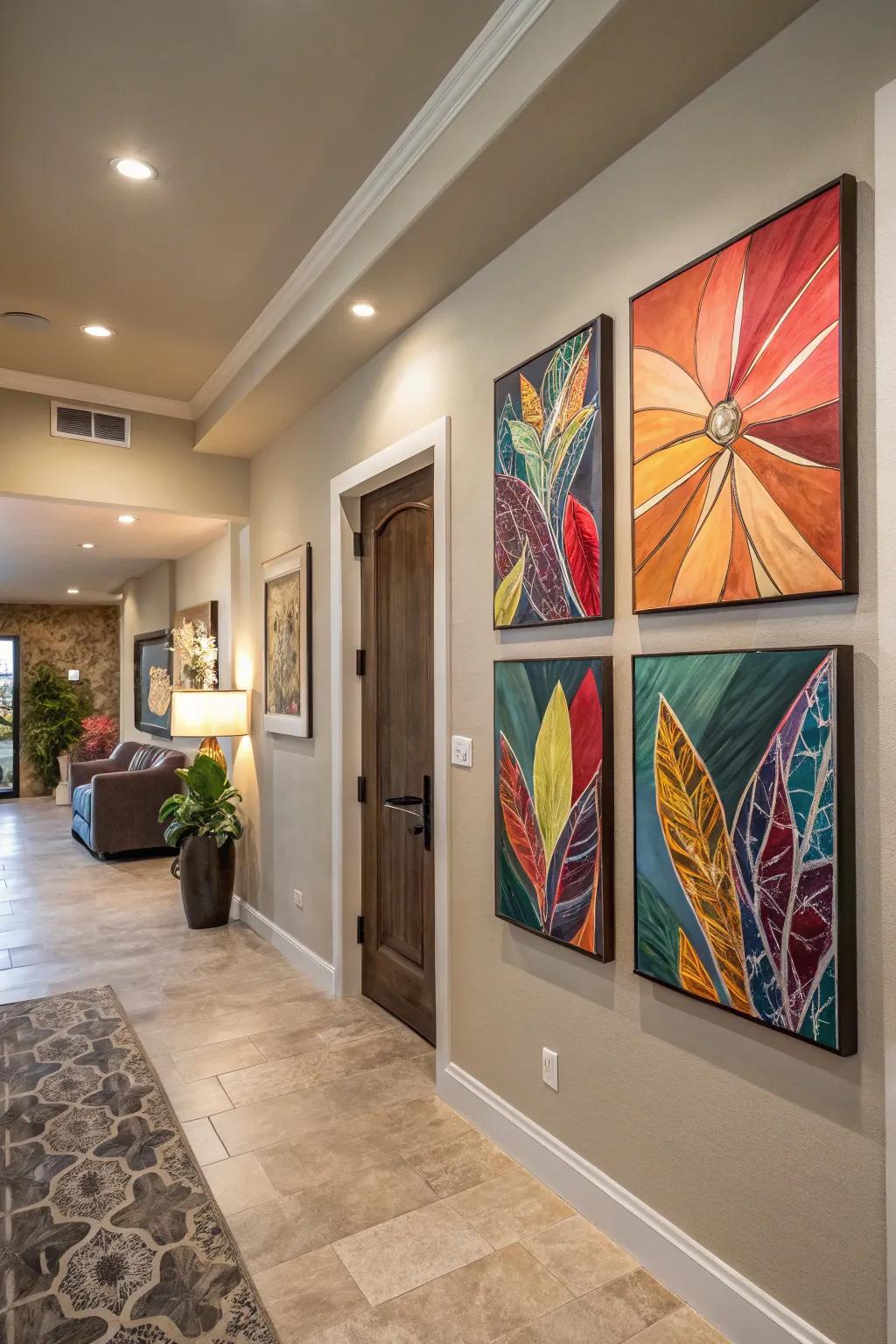 Bold artwork adds personality and acts as a focal point in the entryway.