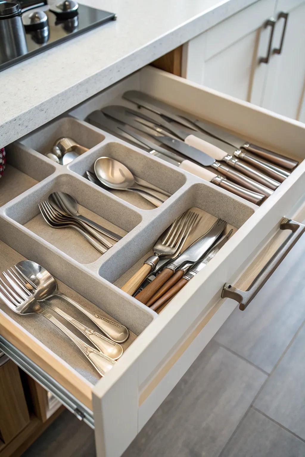 Cutlery trays offering a designated spot for each piece.