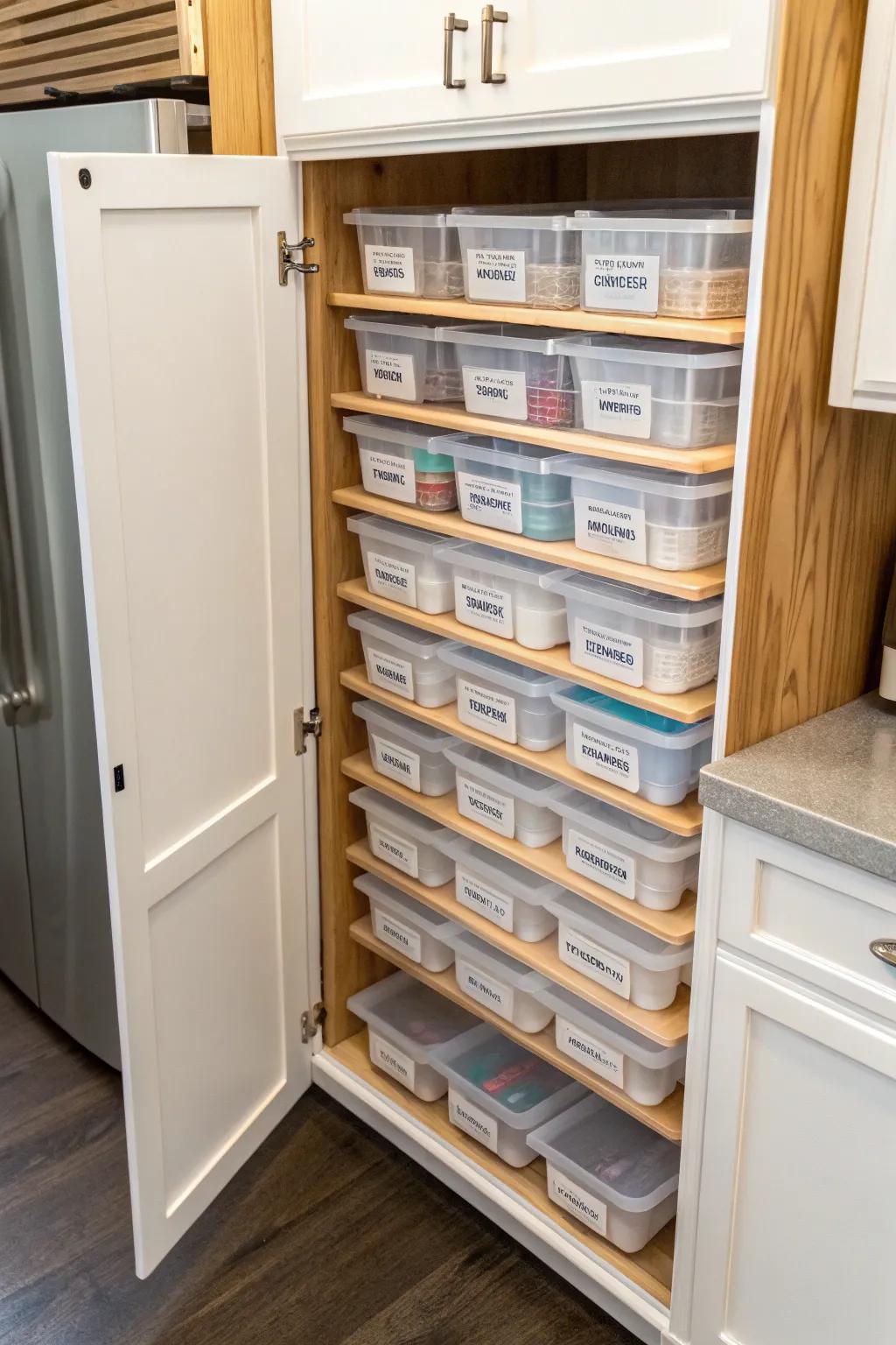 Cabinet with plastic lids stored vertically for space efficiency.