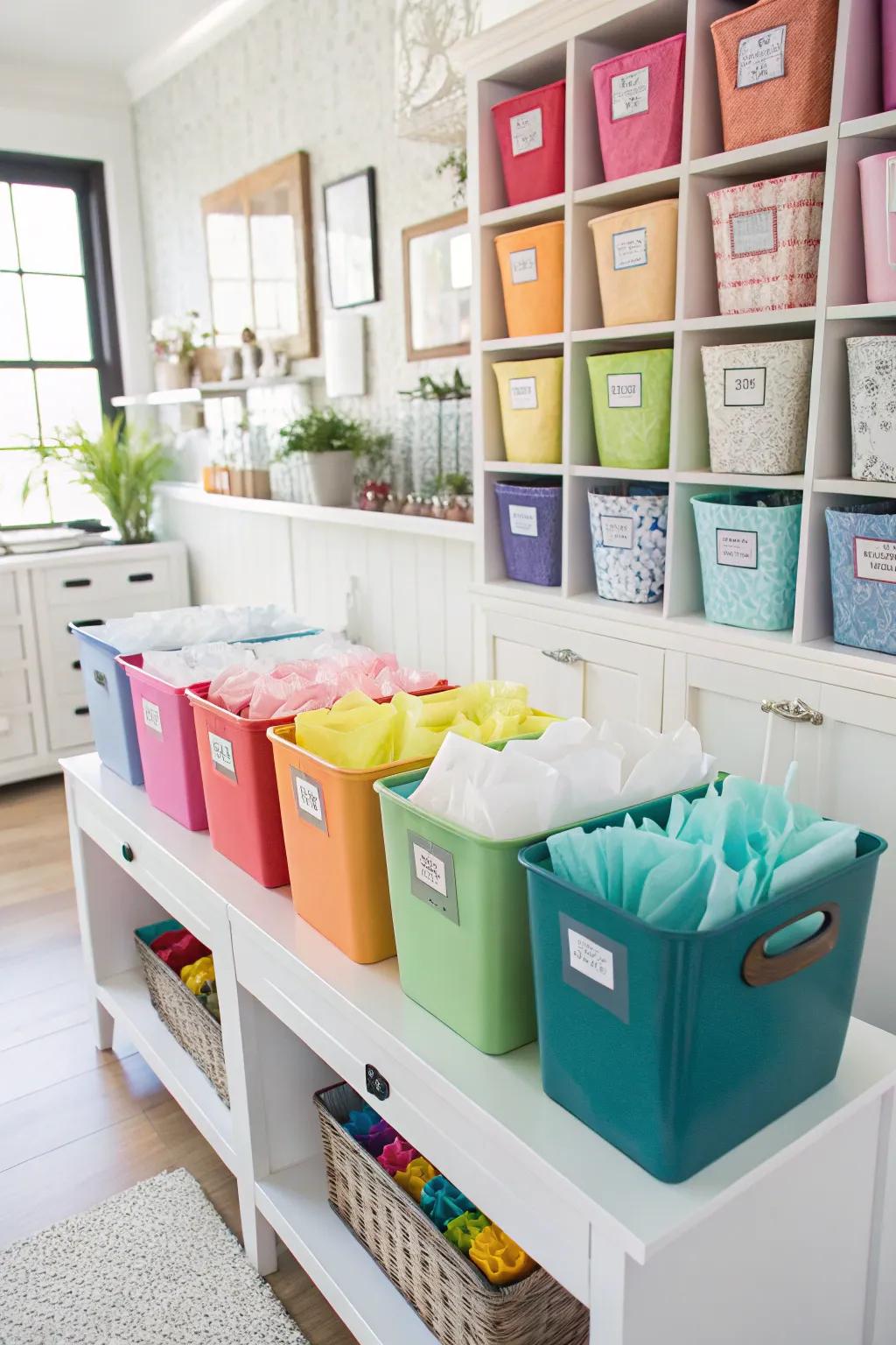 Color-coded bins that simplify tissue paper storage.