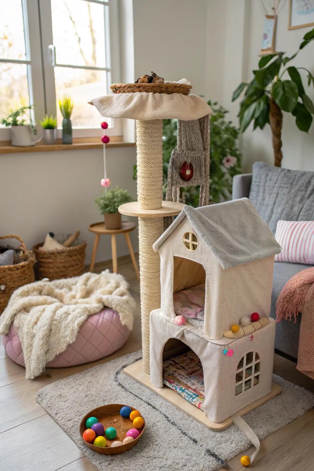 An interactive hideaway for playful cats.