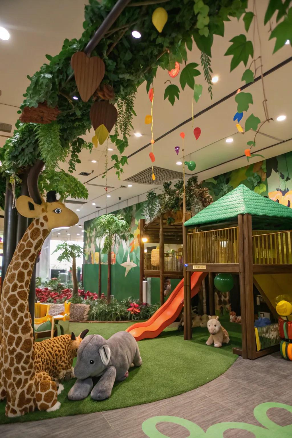 A nature-themed play zone brings the outdoors inside.