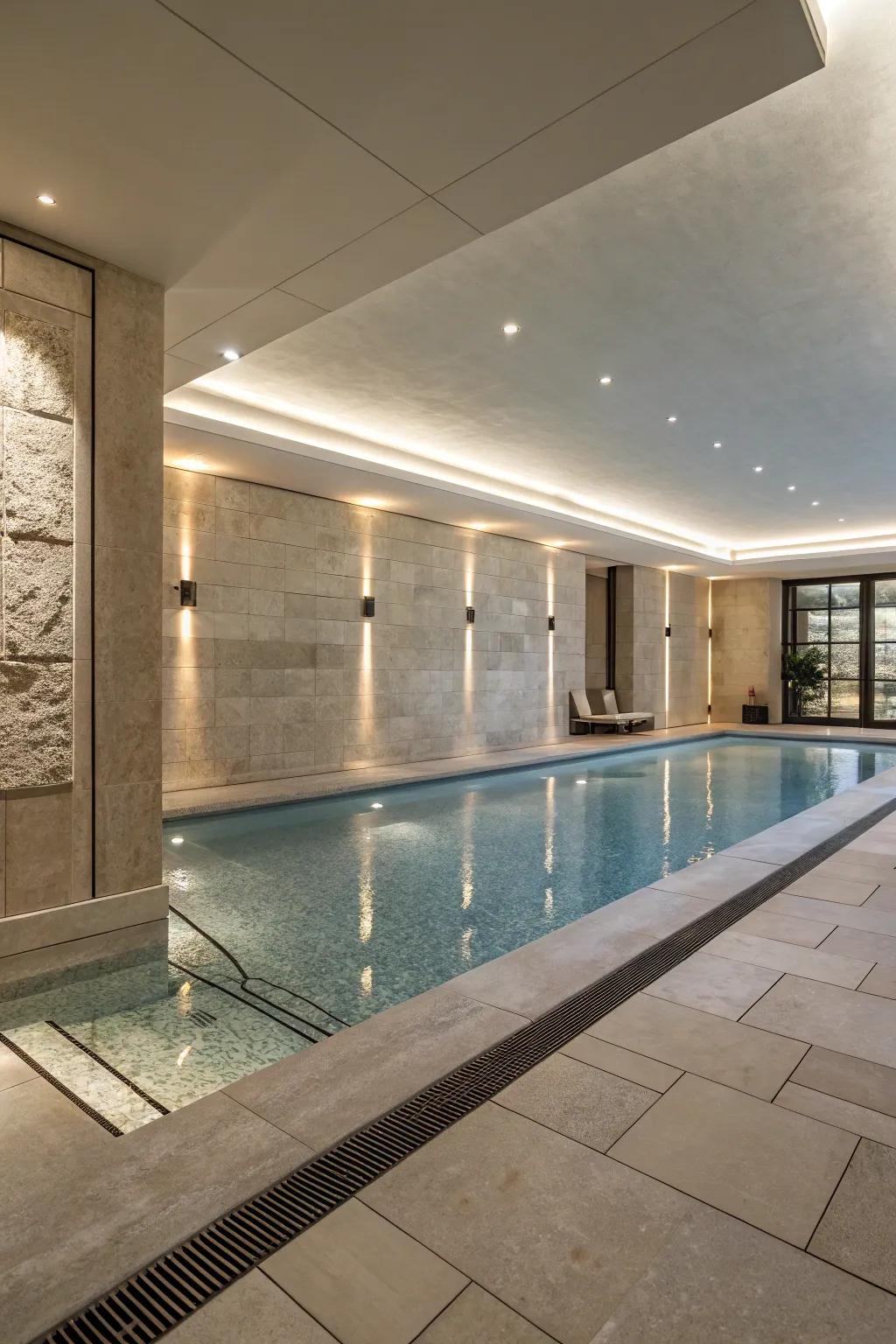 A sophisticated indoor pool with sleek stone finishes