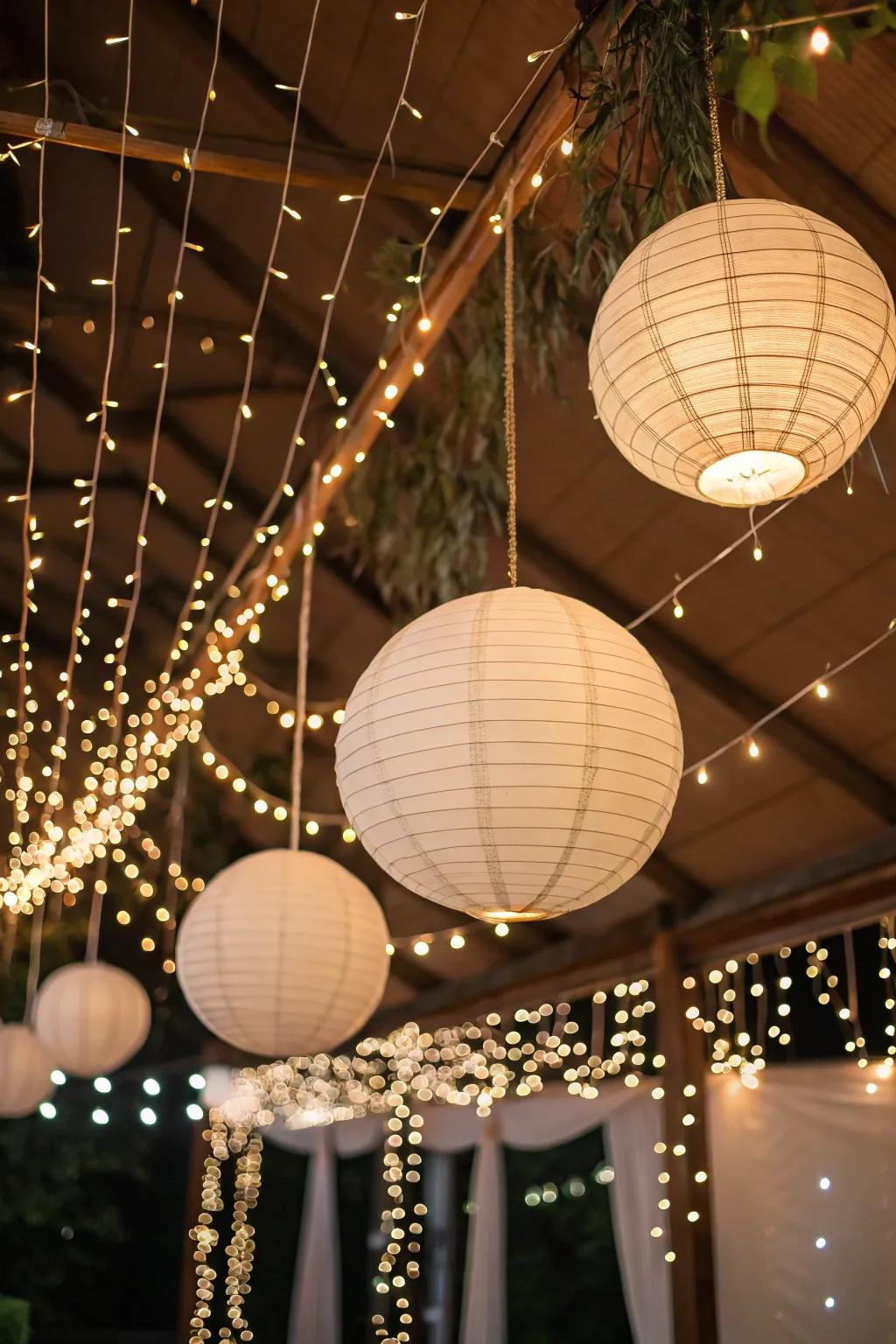 Create an enchanting atmosphere with string lights and paper lanterns on the ceiling.