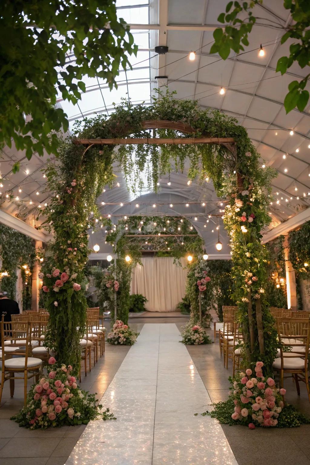 Greenery combined with twinkling lights creates a magical vibe.