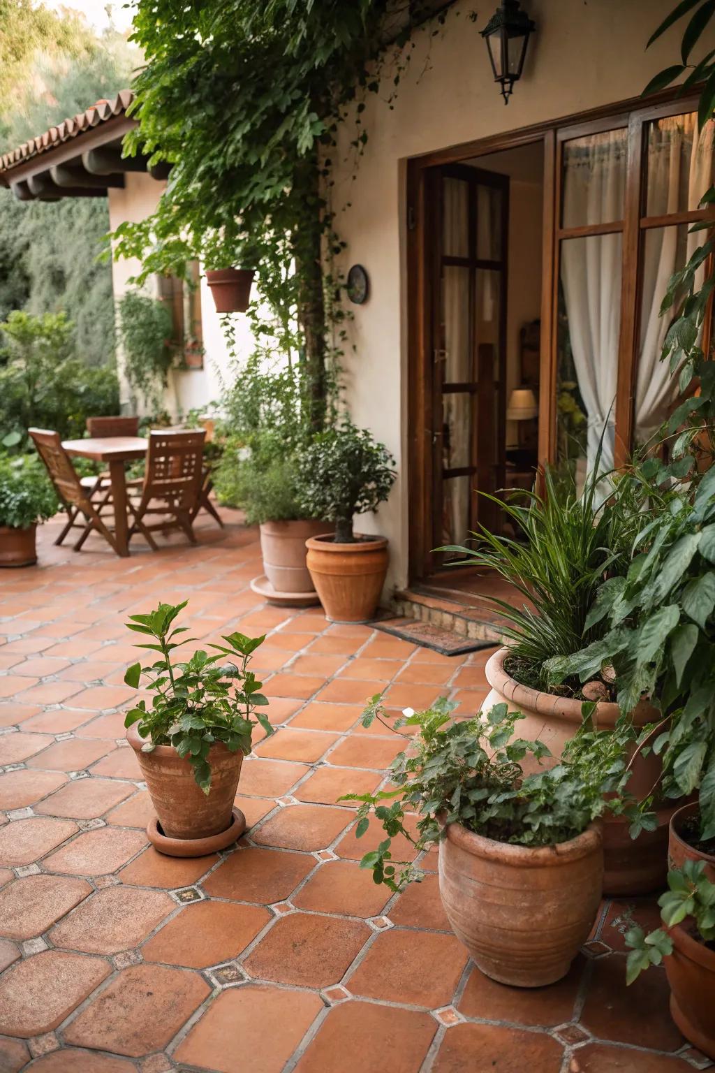 Terracotta tile flooring adds warmth and character to an Italian-style patio.