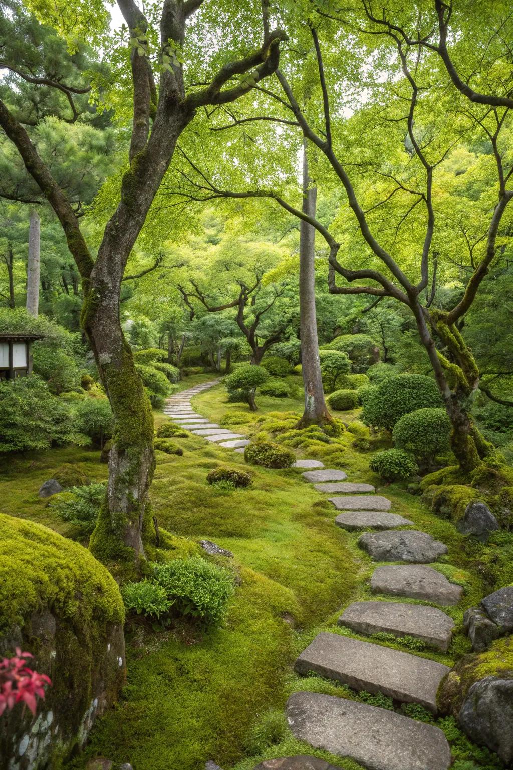 A lush Japanese garden featuring a variety of trees and moss.