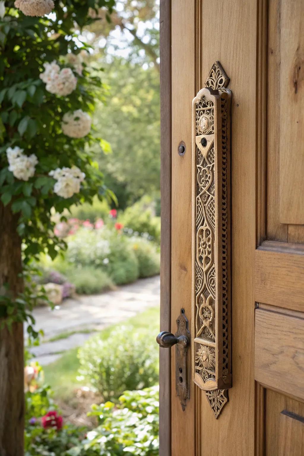 An elegant mezuzah case adorning a home's entrance.