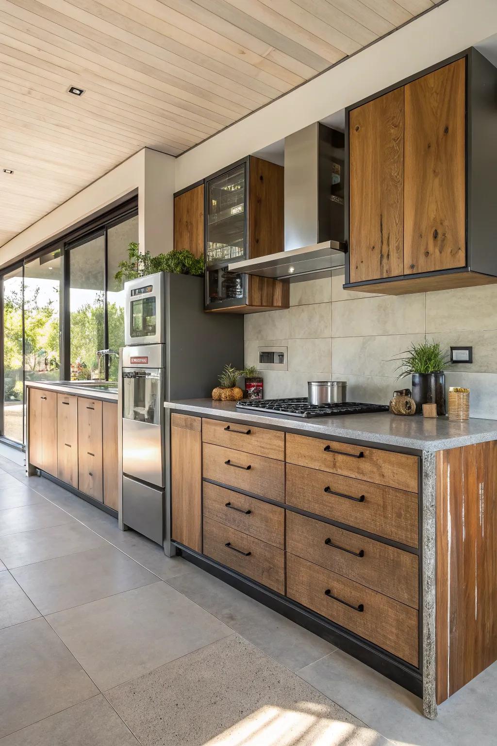 Mixing materials in cabinet finishes creates a dynamic and textured kitchen design.