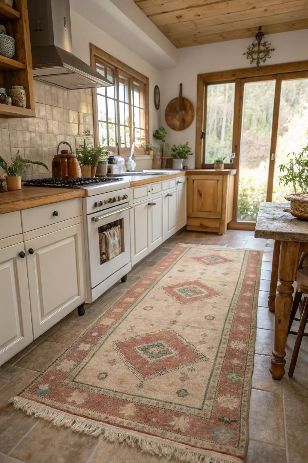 Vintage rugs infuse kitchens with timeless charm and warmth.