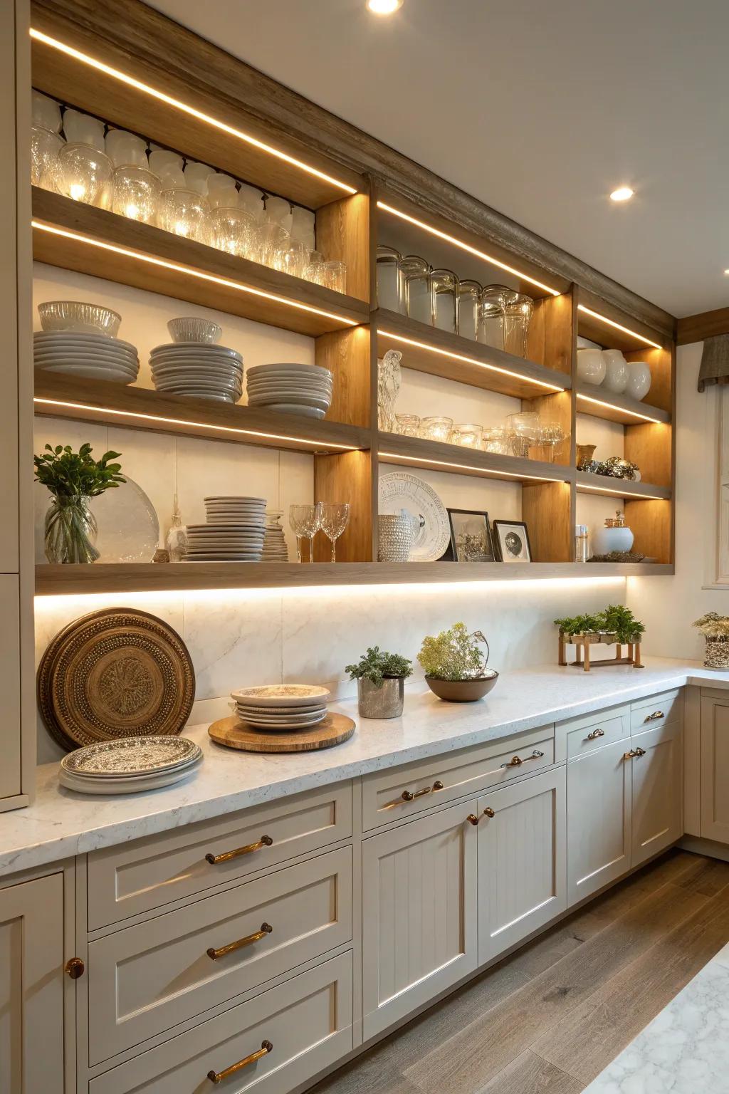 Highlight your kitchen treasures with illuminated shelves.