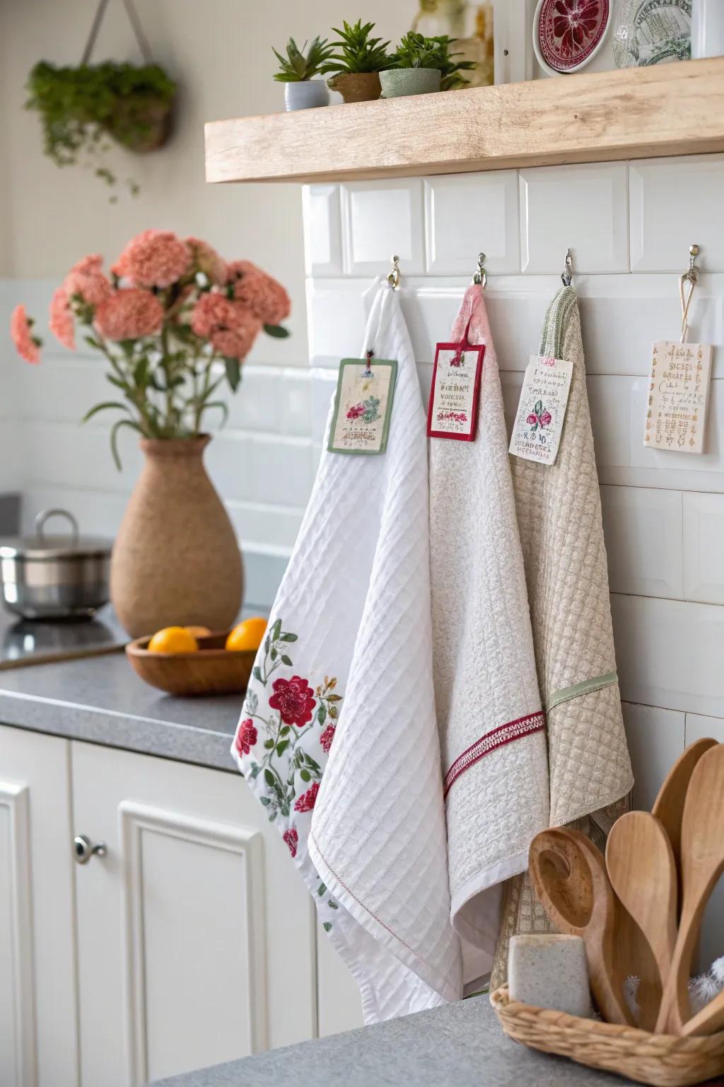 Combine towels with decor for a stylish kitchen display.