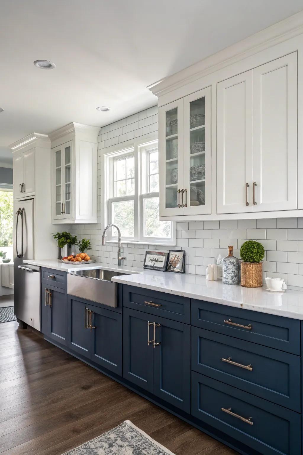 Two-tone cabinets bring a bold look to this kitchen.