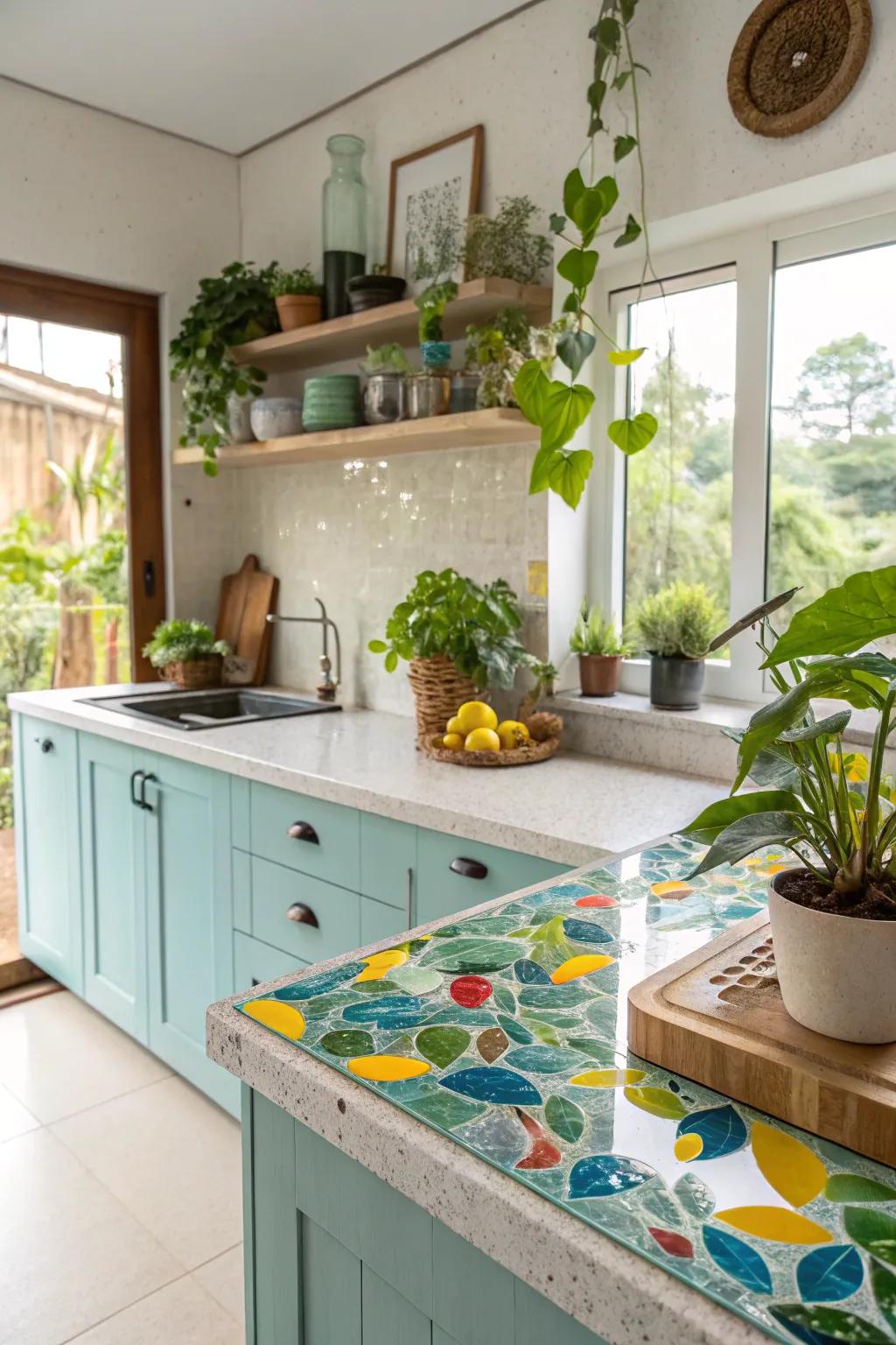 Recycled glass worktops are a vibrant, eco-conscious option.