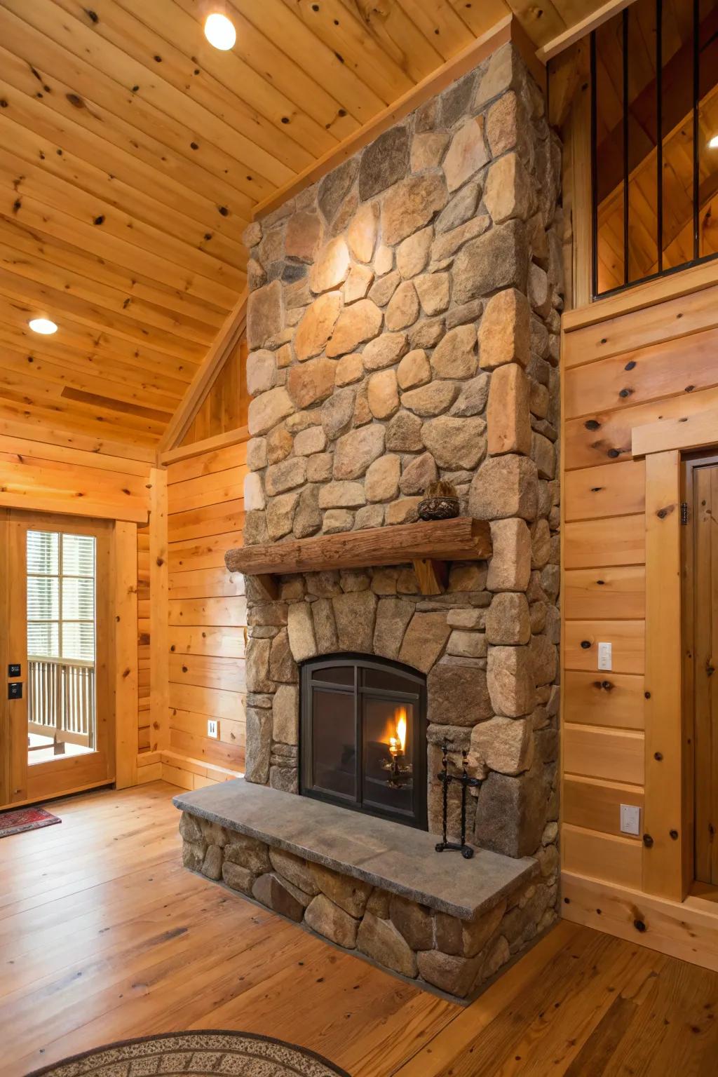 Stone fireplace paired with knotty pine walls for rustic charm.