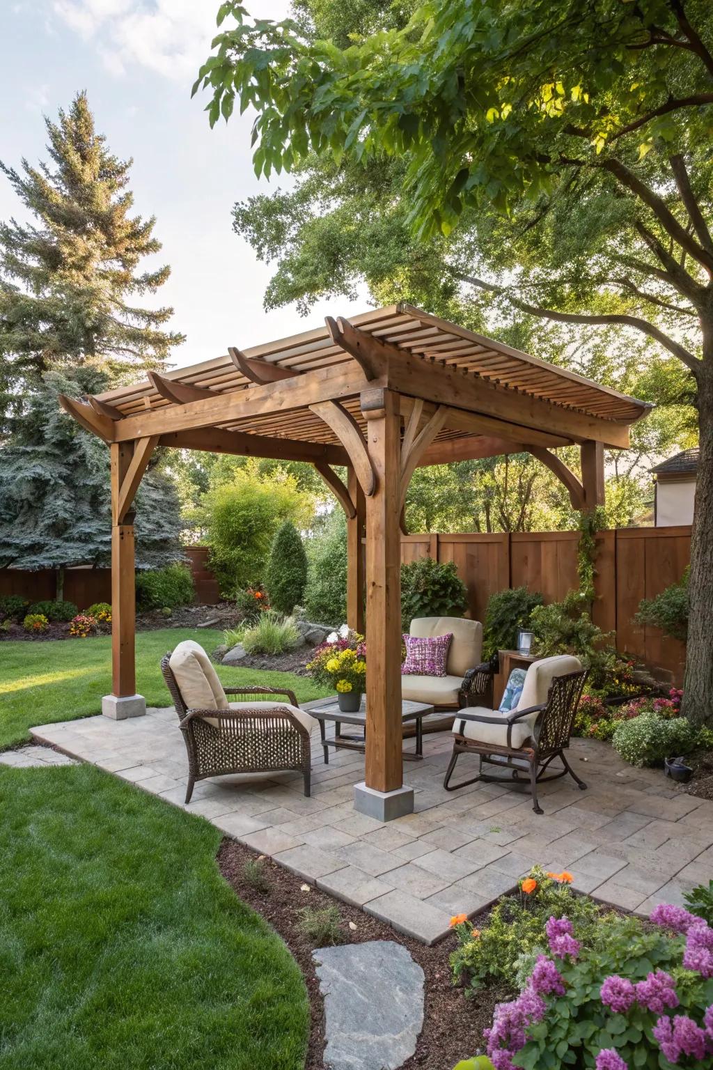 A timber pergola adds elegance and shade to your outdoor living space.