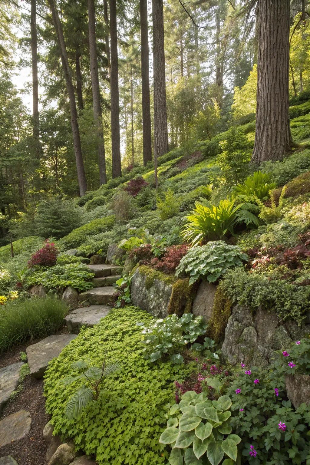 Layered plants creating depth in a forested garden.