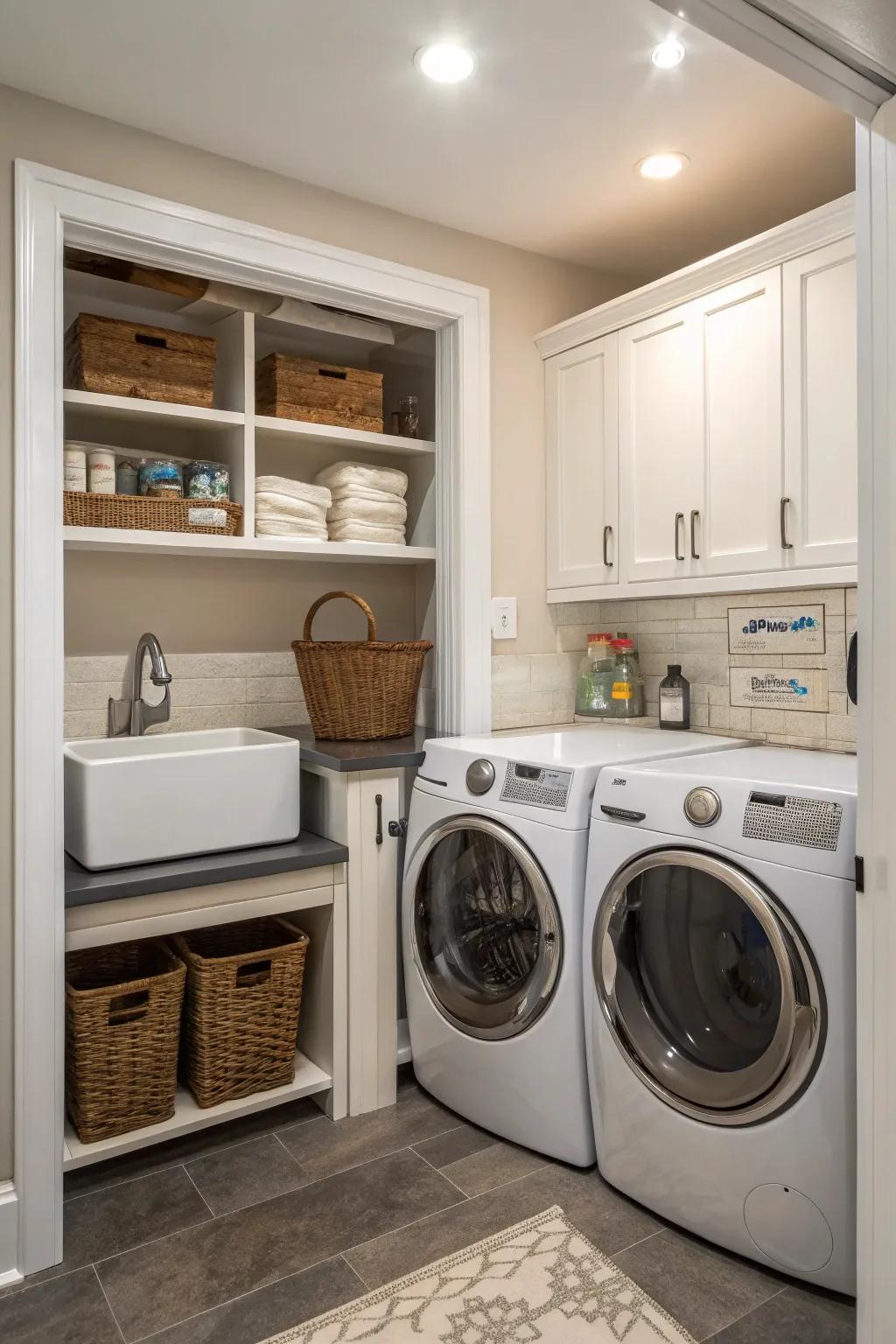 A utility sink adds practical functionality to your laundry room.