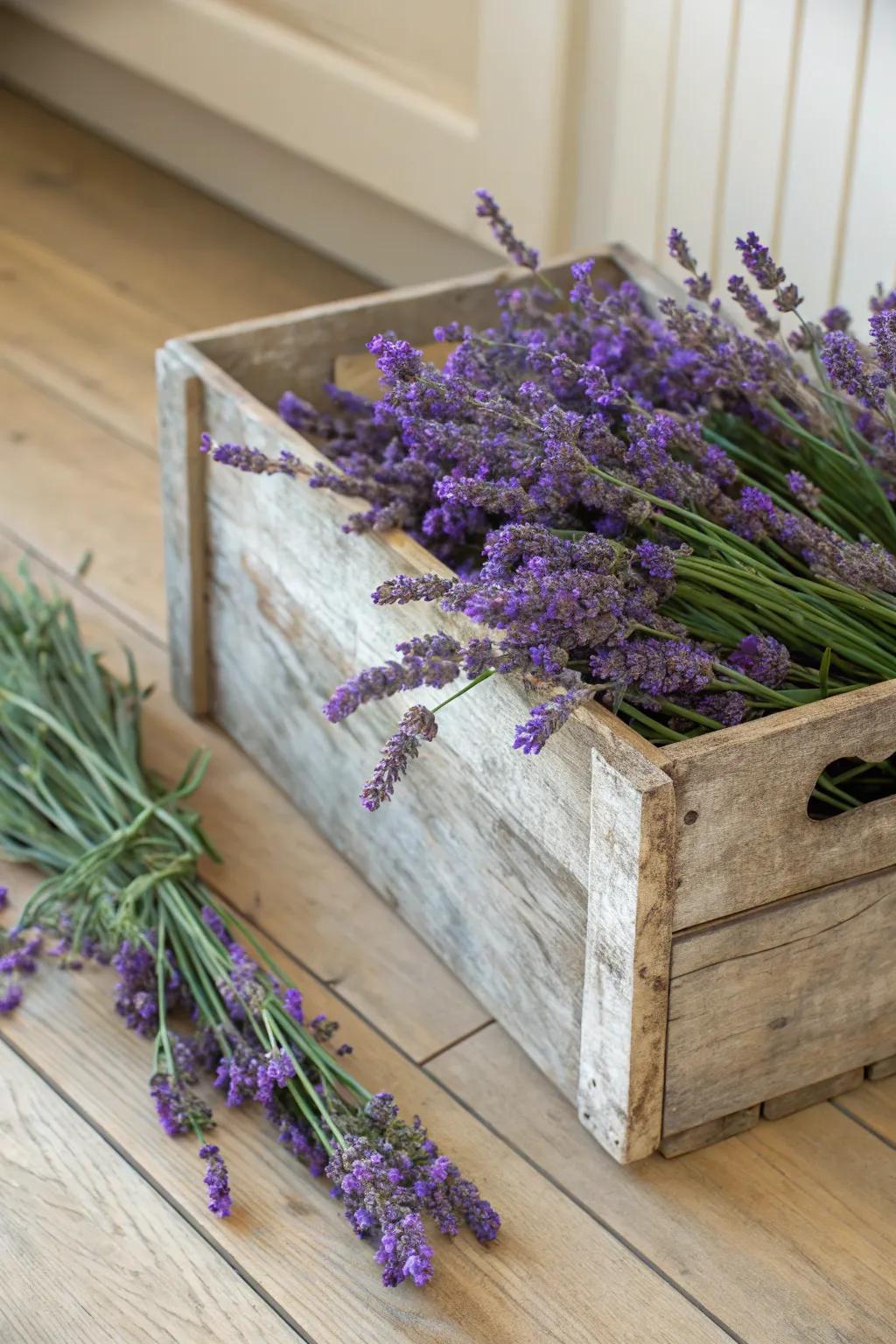 Rustic charm with a wooden crate filled with lavender.