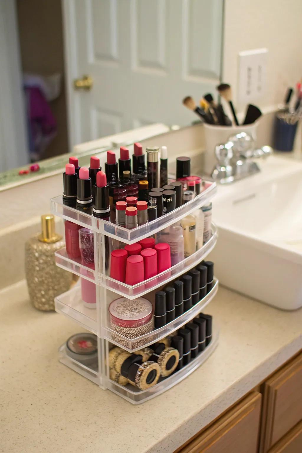 A multi-tiered organizer keeps your essentials within reach.