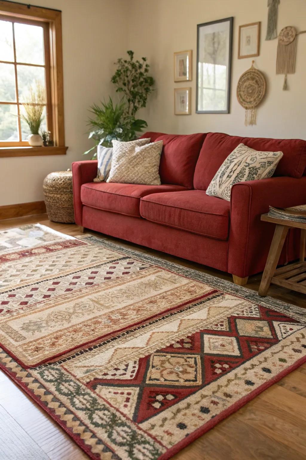 Layered rugs provide a plush foundation for your living area, enhancing comfort and style.