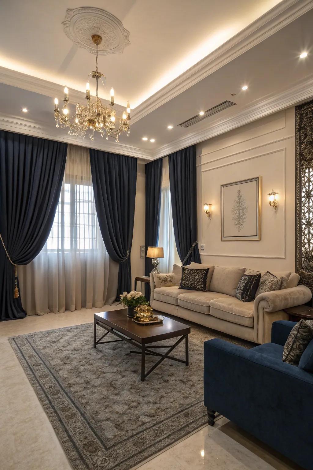 Dark blue curtains provide a dramatic backdrop, adding depth and sophistication to the space.