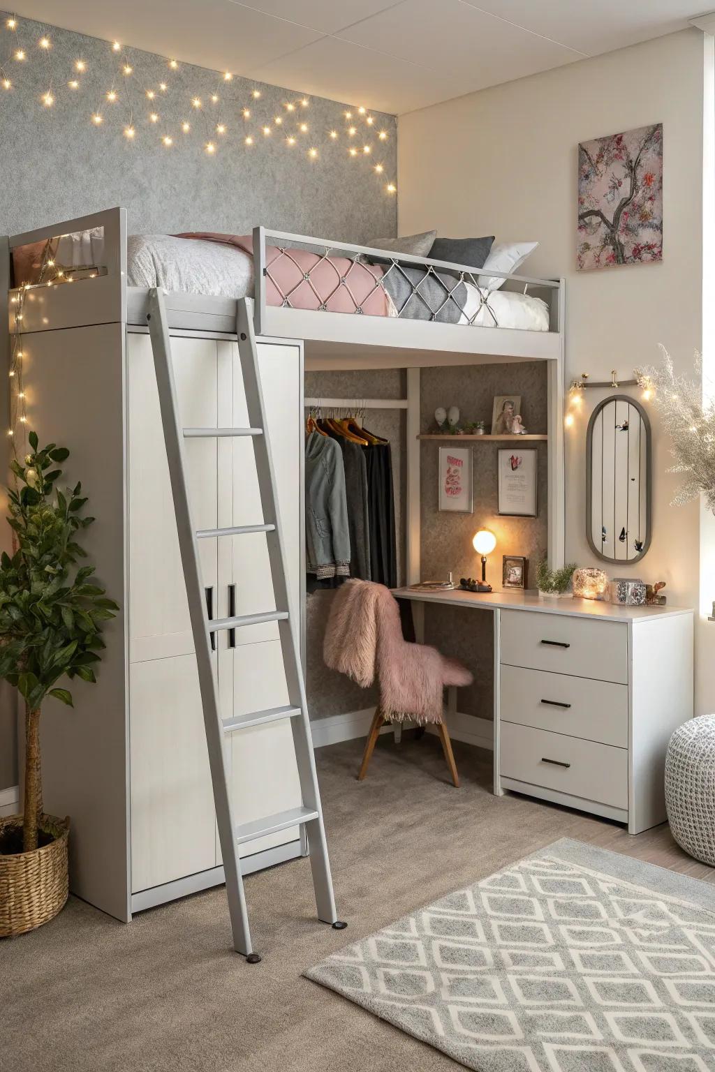 A loft bed that ingeniously includes a wardrobe and dressing area.