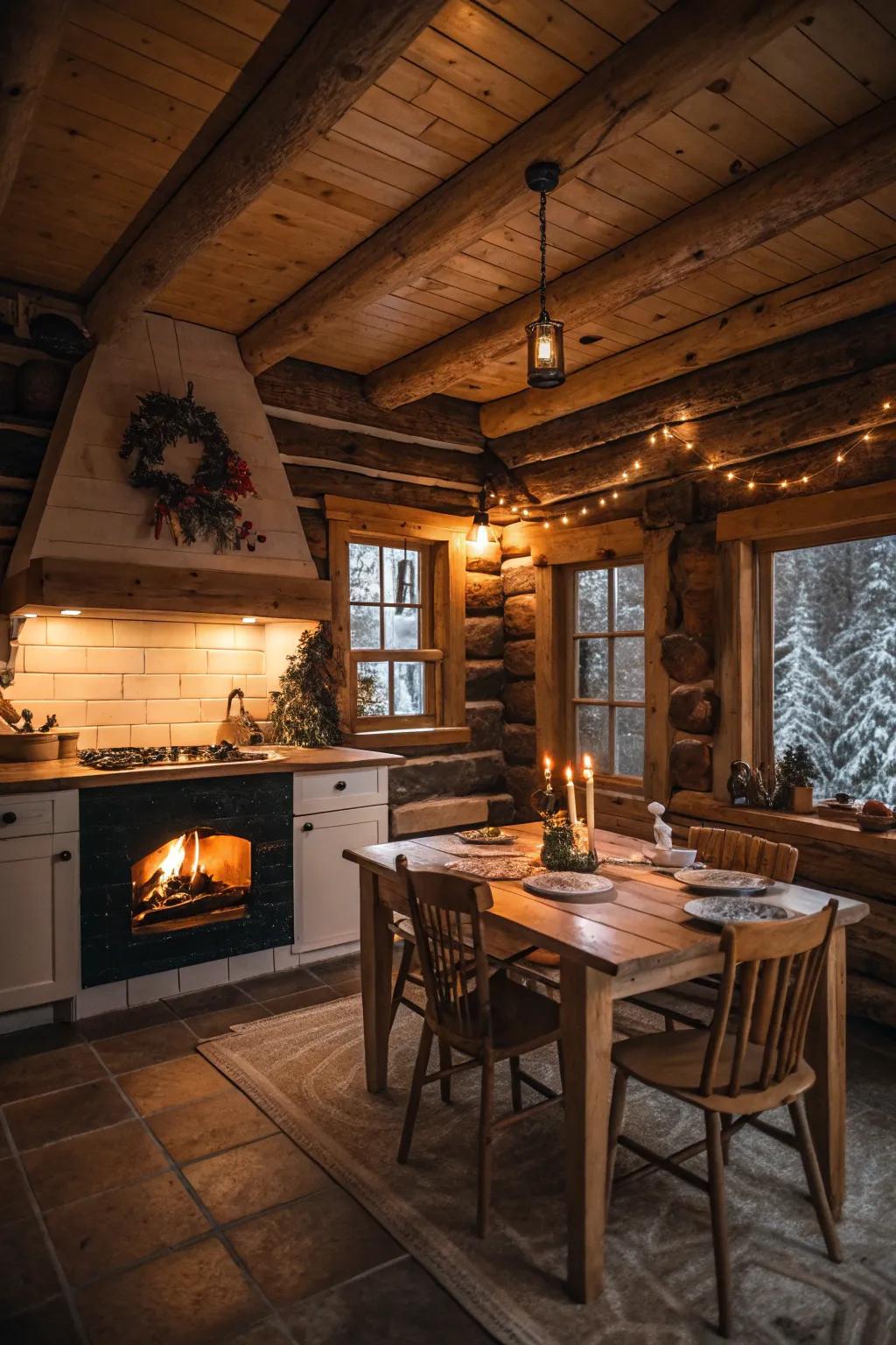 Warm ambient lighting enhances the cozy feel of this log cabin kitchen.