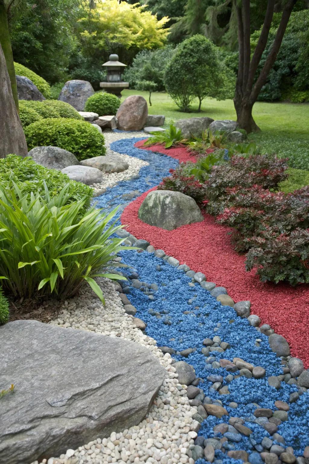 Colorful gravel adds a vibrant touch to a rock garden.